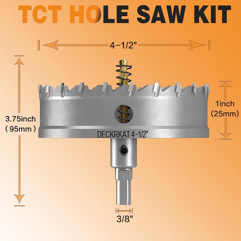 DECKRKAT 4-1/2" TCT Hole Saw for Hard Metal, Heavy Duty 115mm Tungsten Carbide Tipped Hole Cutter with Spring-Loaded Pilot Drill Bit for Stainless Steel, Metal, Iron, and Plastic. - Image 2